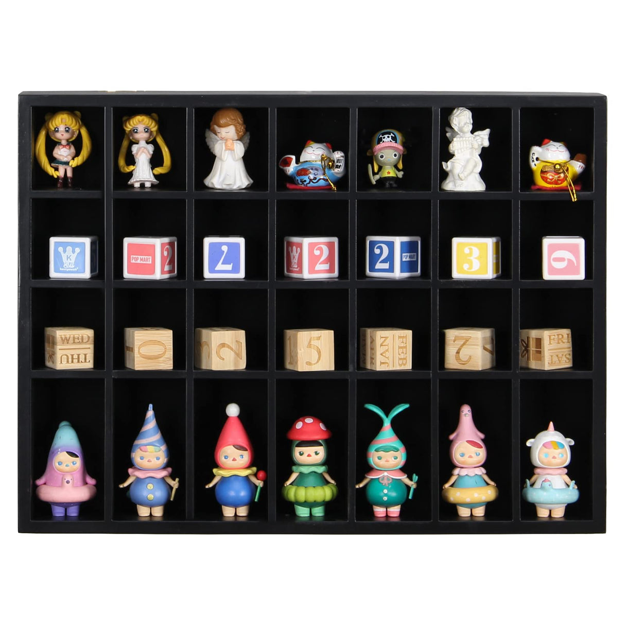 ARRAWIS Black Shot Glass Display Case 18" x13" Solid Wood Wall Mounted Collection Cabinet 28 Slots Small Curio Cabinet Rack (No Door) ARRAWIS