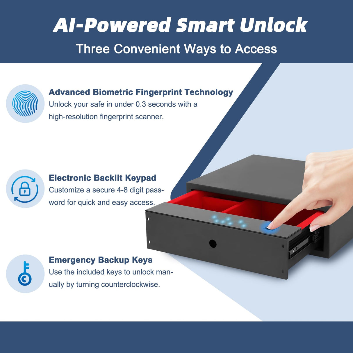 Biometric Hidden Gun Safe, Drawer Safe with Silent Slide, Reinforced Steel Construction, Ideal for Nightstand, Closet Drawer, TV Cabinet Gopper