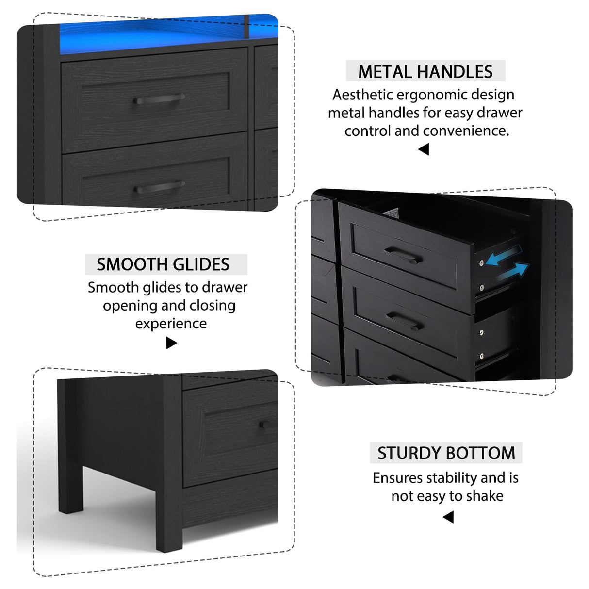 Hlivelood Farmhouse 9 Drawer Dresser with LED Lights, 63" Wide Large Chest of Drawers for Bedroom, Modern Wood Dresser Storage Organizer with Charging Station for Living Room, Bedroom, Hallway, Black Hlivelood