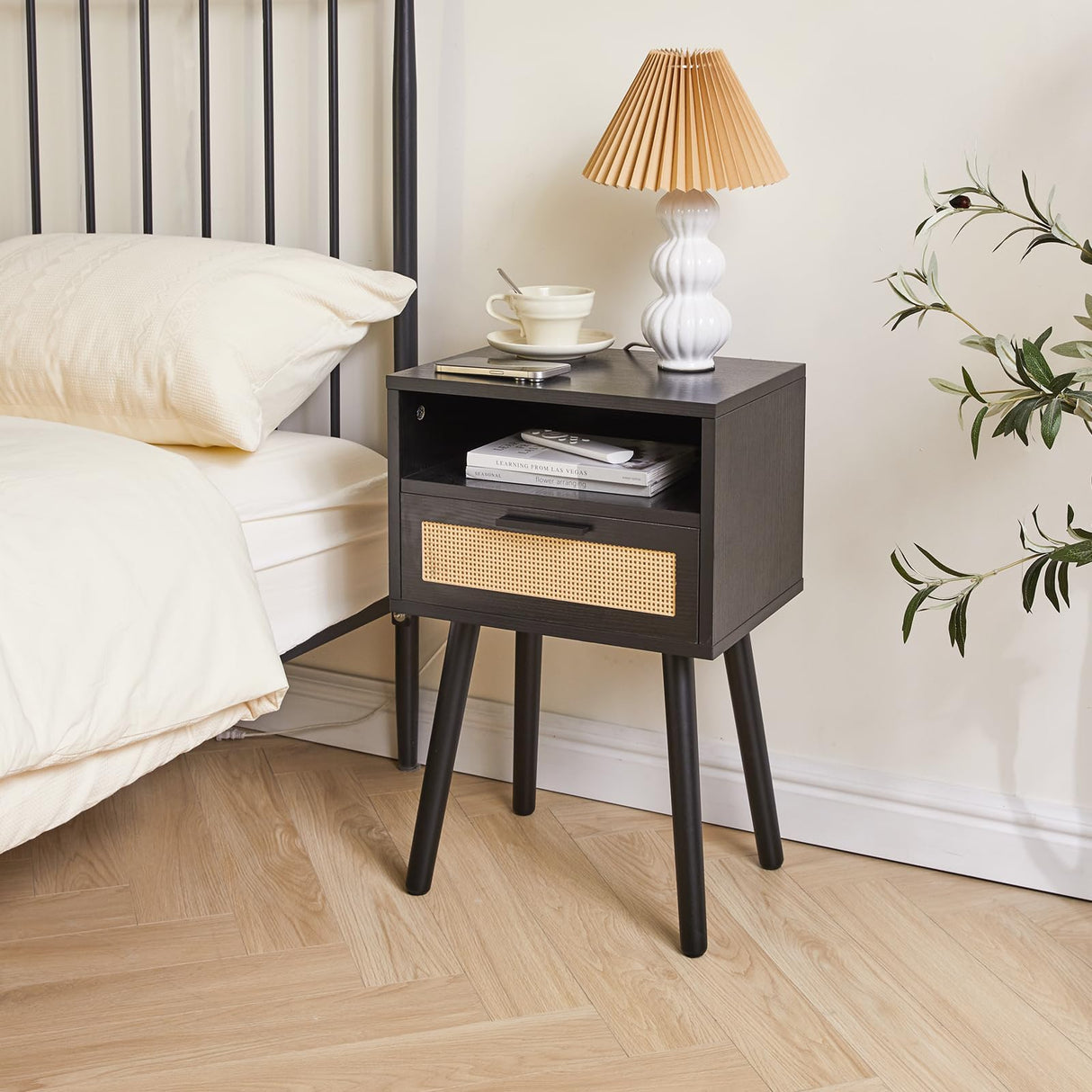 IBUYKE Rattan Nightstand, Boho Side Table with Drawer Open Shelf, Wood Accent Bedside Table, End Table with Legs for Bedroom, Living Room and Small Spaces, Black UWNS009B IBUYKE