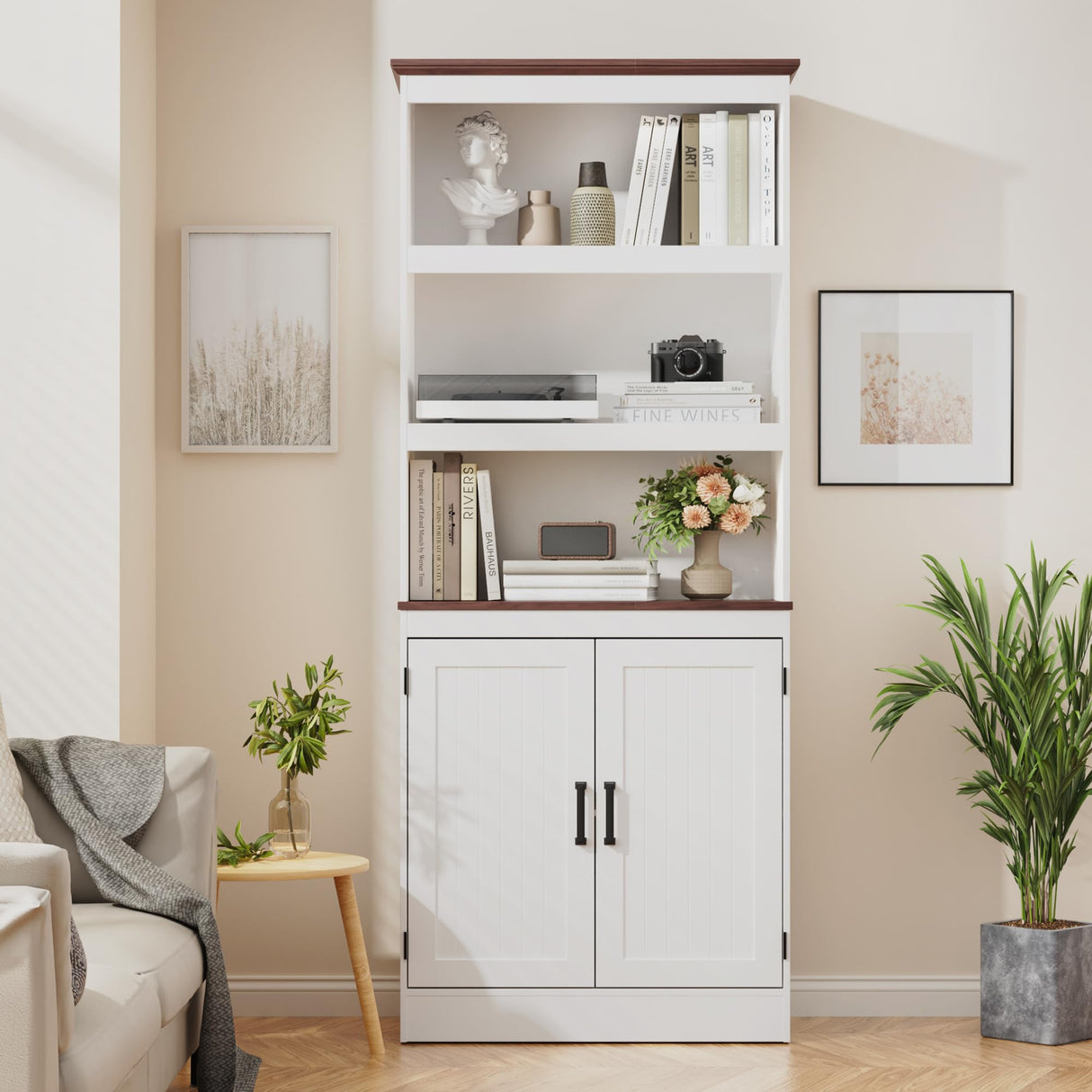 MHOM 71" Tall Bookshelf with Doors, 5 Tiers Farmhouse Bookcase with Adjustable Shelves, Wooden Rustic Display Cabinet for Home Office, Living Room, White MHOM