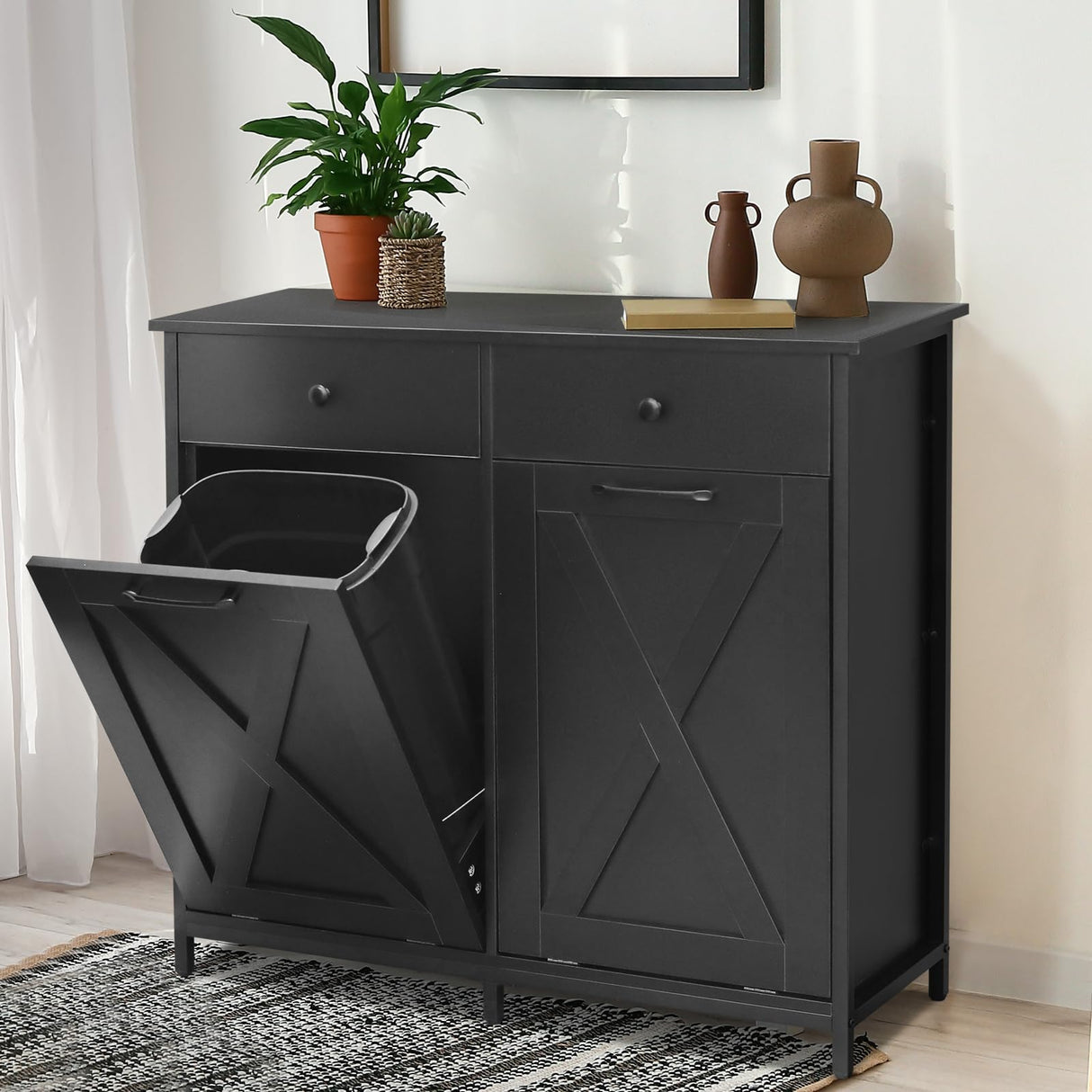 Clevich Double Tilt Out Trash Cabinet 20 Gal, Kitchen Wooden Recycling Cabinet, Hidden Trash Can Holder w/Drawers & Tabletop, Dog-Proof Trash Bin Cabinet, Trash Bins NOT Included(Black) Clevich