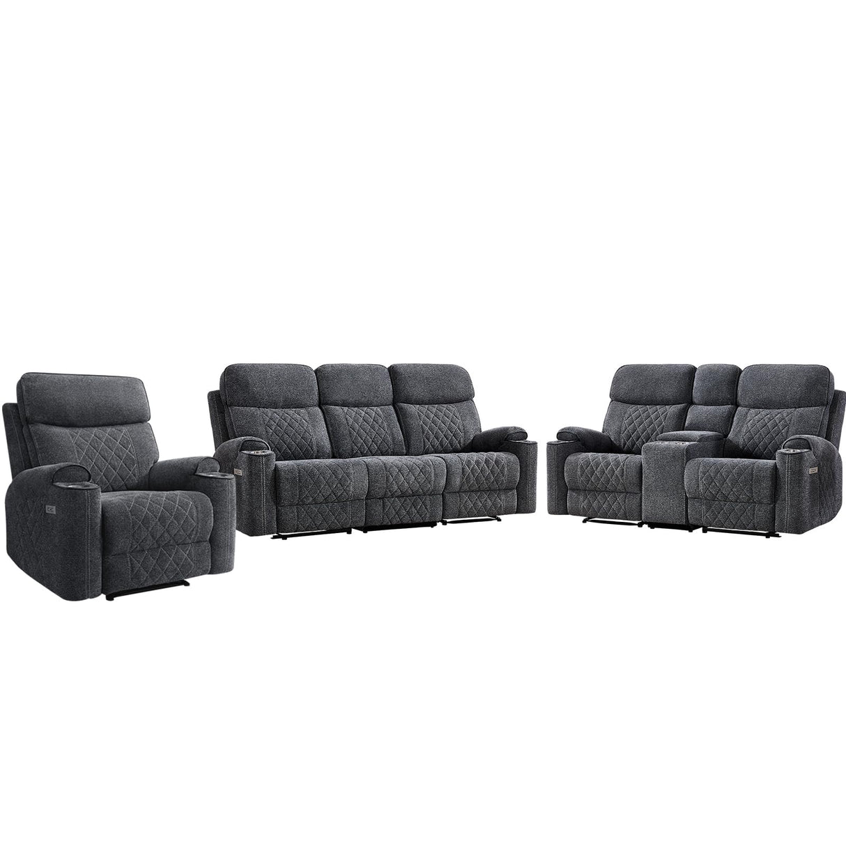 HAOMARKETS 3-Piece Power Recliner Sofa Set with Charging Port, Include Single Recliner Chair, 2-Seater Loveseat Reclining Couch and 3-Seater Reclining Sofa with Cup Holders for Living Room, Dark Grey HAOMARKETS