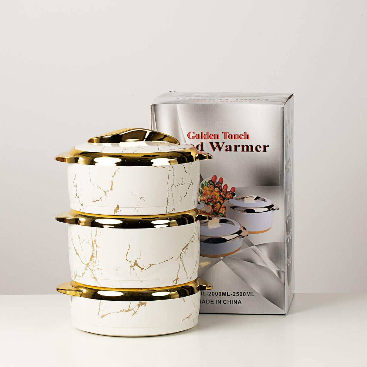 Hywisnok Luxury 3-Piece 2.6/2.1/1.6qt Thermal Casserole Dish Set with Lids, Insulated Stainless Steel Container for Hot & Cold Food, Serving Bowl for Buffets/Parties-Marble White Hywisnok