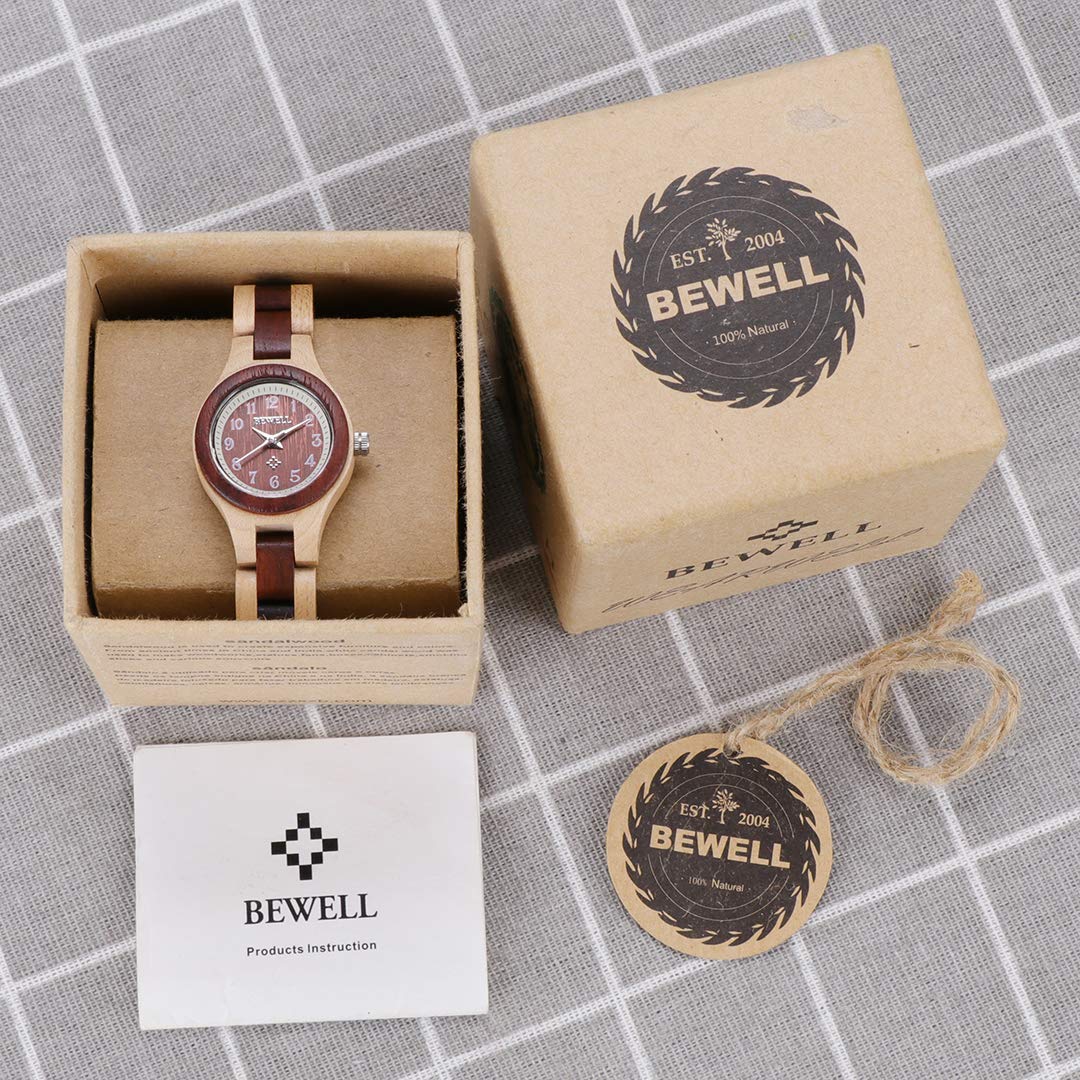 BEWELL Wood Watch Women Analog Quartz Handmade Lightweight Dress Wristwatches with Small Dial BEWELL