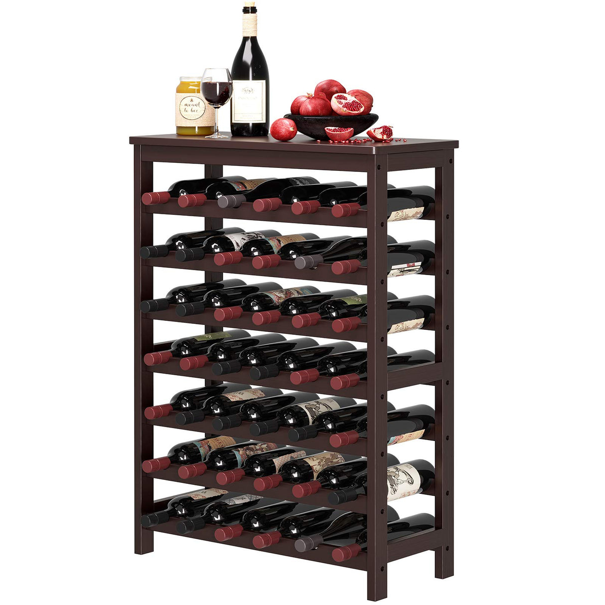 SONGMICS 42-Bottle Wine Rack Free Standing Floor, 7-Tier Display Wine Storage Shelves with Table Top, Bamboo Wobble-Free Bottle Holder for Kitchen SONGMICS