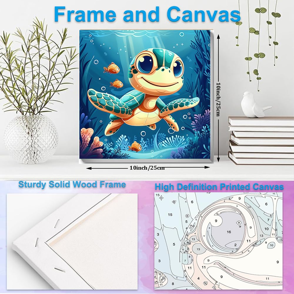 Artunion Framed Paint by Numbers Kit for Adults Beginners & Kids Ages 8-12,Cartoon Turtle Paint by Number with Frame,Ocean Paint by Numbers Kit on Canvas 10 * 10 Inch Without Easel Artunion