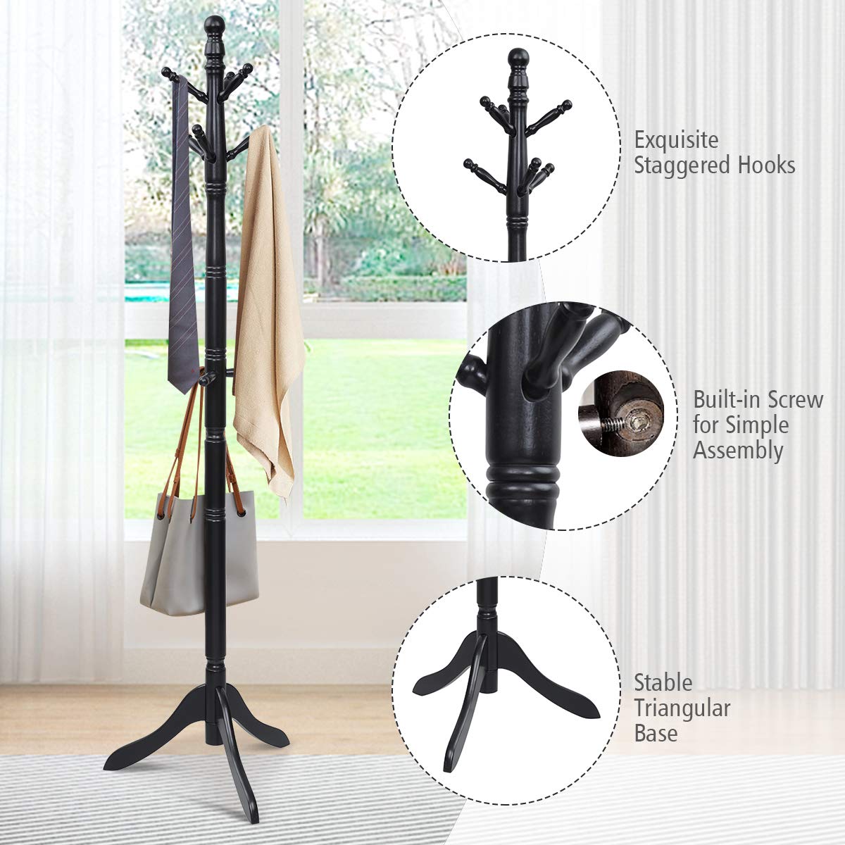 Tangkula Wood Coat Rack Freestanding, Entryway Height Adjustable Coat Stand with 9 Hooks & Stable Tri-Legged Base, Rubber Wood Coat Tree Hall Tree Coat Hanger Stand for Home Office Hall Entryway Tangkula