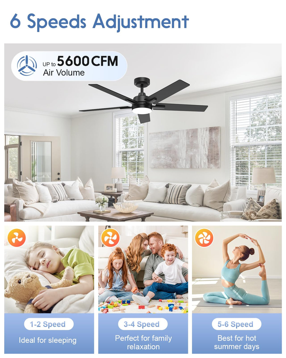 Geinself 52 Inch Ceiling Fan with Light, Black Smart Ceiling Fan with 5 Two-Sided Blades, LED Fan with Remote & Alexa, High CFM Ultra Quiet Large Fan for Bedroom, Living Room Geinself