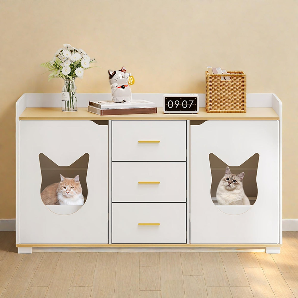 DWVO Double Cat Litter Box Enclosure for 2 Cats, 55 inch Large Two Cat Litter Box Furniture with Drawers for Storage, Wooden Dual Litter Box TV Stand White, 55" L x 19.7" W x 31.5" H DWVO