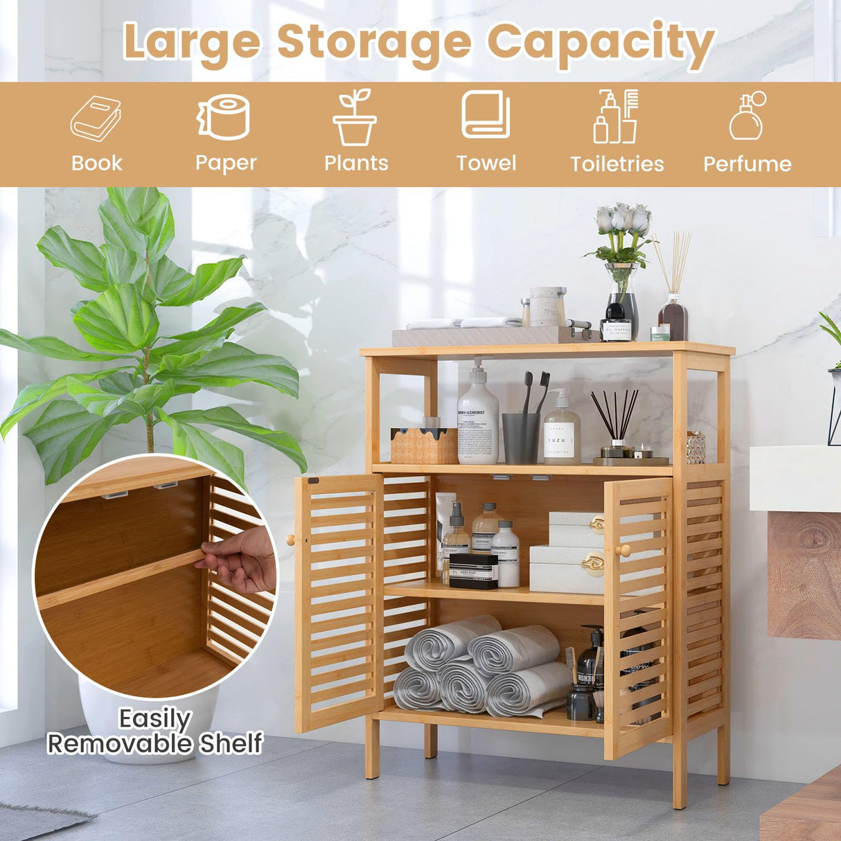 LOKO Bamboo Bathroom Cabinet, Freestanding Storage Organizer with Double Shutter Doors, Removable Shelf, Open Shelves, Non-Slip Foot Pads, Multifunctional Floor Cabinet for Entryway, Living Room LOKO