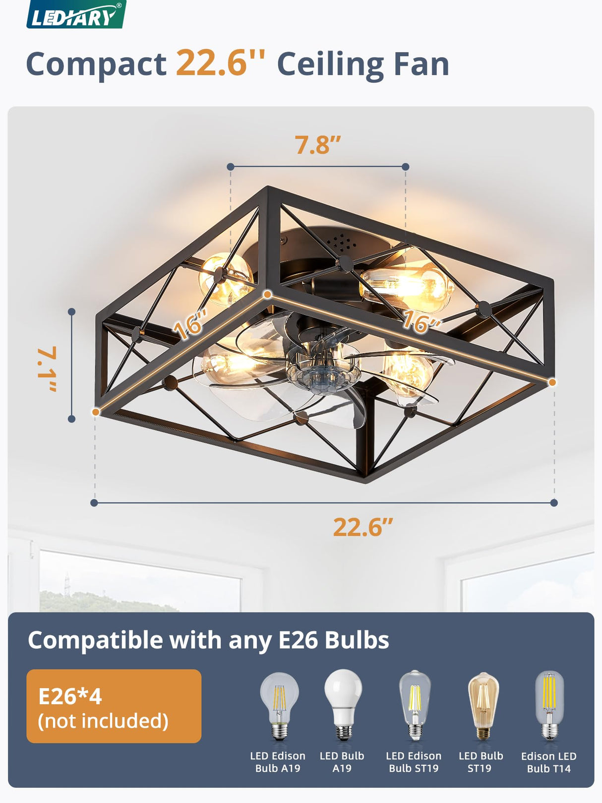 LEDIARY Caged Flush Mount Ceiling Fans with Lights and Remote, Black Square Low Profile Ceiling Fan, Small Farmhouse Bladeless Ceiling Fan for Bedroom, Kitchen, Indoor LEDIARY