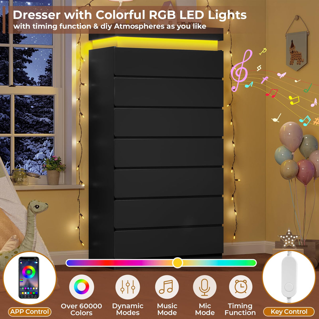 HAUOMS Tall 7 Drawer Dresser with LED Light, Black Modern Chest of Drawers for Bedroom,Closet Dressers with Drawers for Living Room, Entryway, Hallway HAUOMS