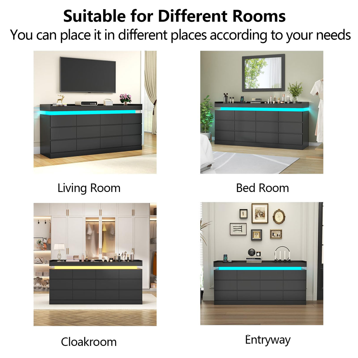 Gyfimoie 12 Drawer Dresser with Power Outlet, Dresser with LED Light, Modern Chest of Drawers for Closet, Double Wide Drawer Organizer Cabinet for Bedroom, Living Room (Black, 12 Drawers) Gyfimoie