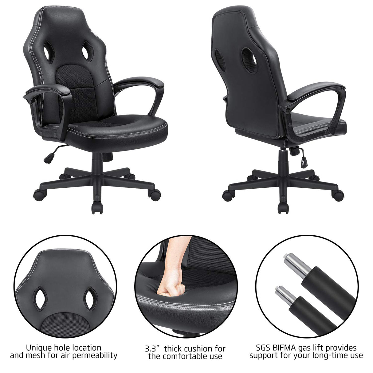 KaiMeng Office Gaming Chair High Back Leather Computer Chairs Ergonomic Height Adjustable Racing Game Desk Chair Executive Conference Task Chair (Black) KaiMeng
