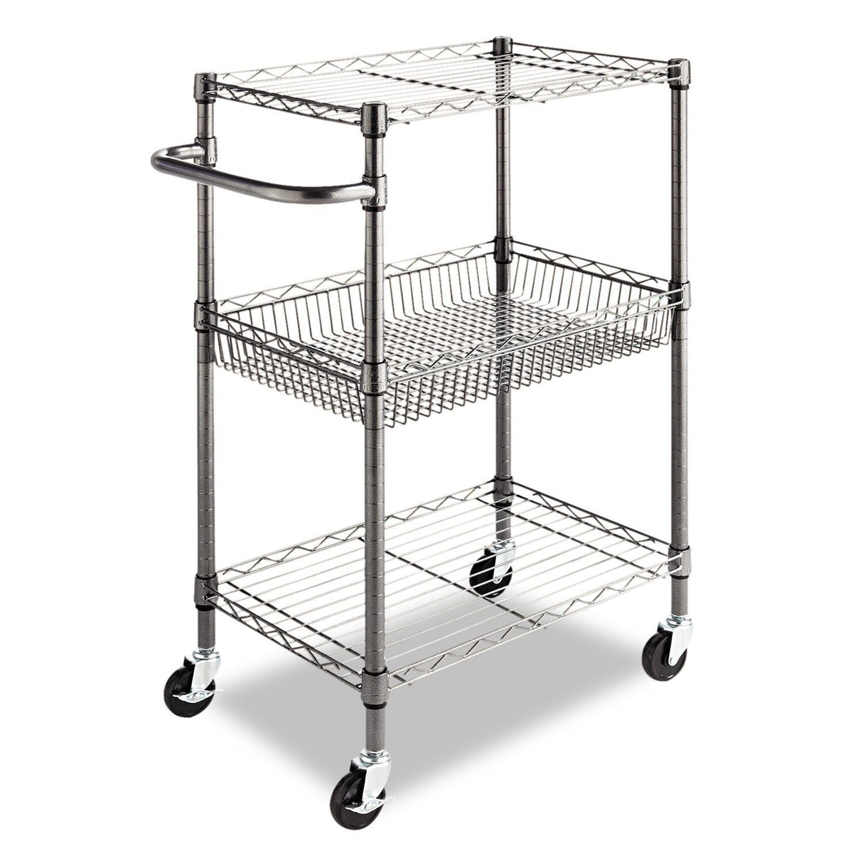Alera ALESW342416BA 28 in. x 16 in. x 39 in. 500-lb. Capacity Three-Tier Wire Rolling Cart - Black Anthracite Alera
