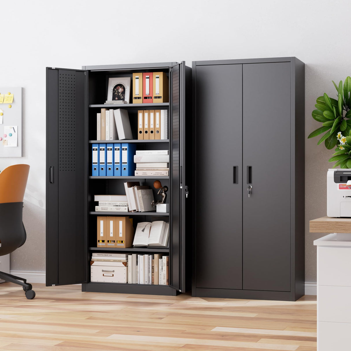 Aobabo 71" H×32" W×16" D Metal Storage Cabinet with 5 Adjustable Shelves, Locking Garage Storage Cabinet with Pegboards and 4 Hooks for Garage, Office, Black, Assembly Required Aobabo