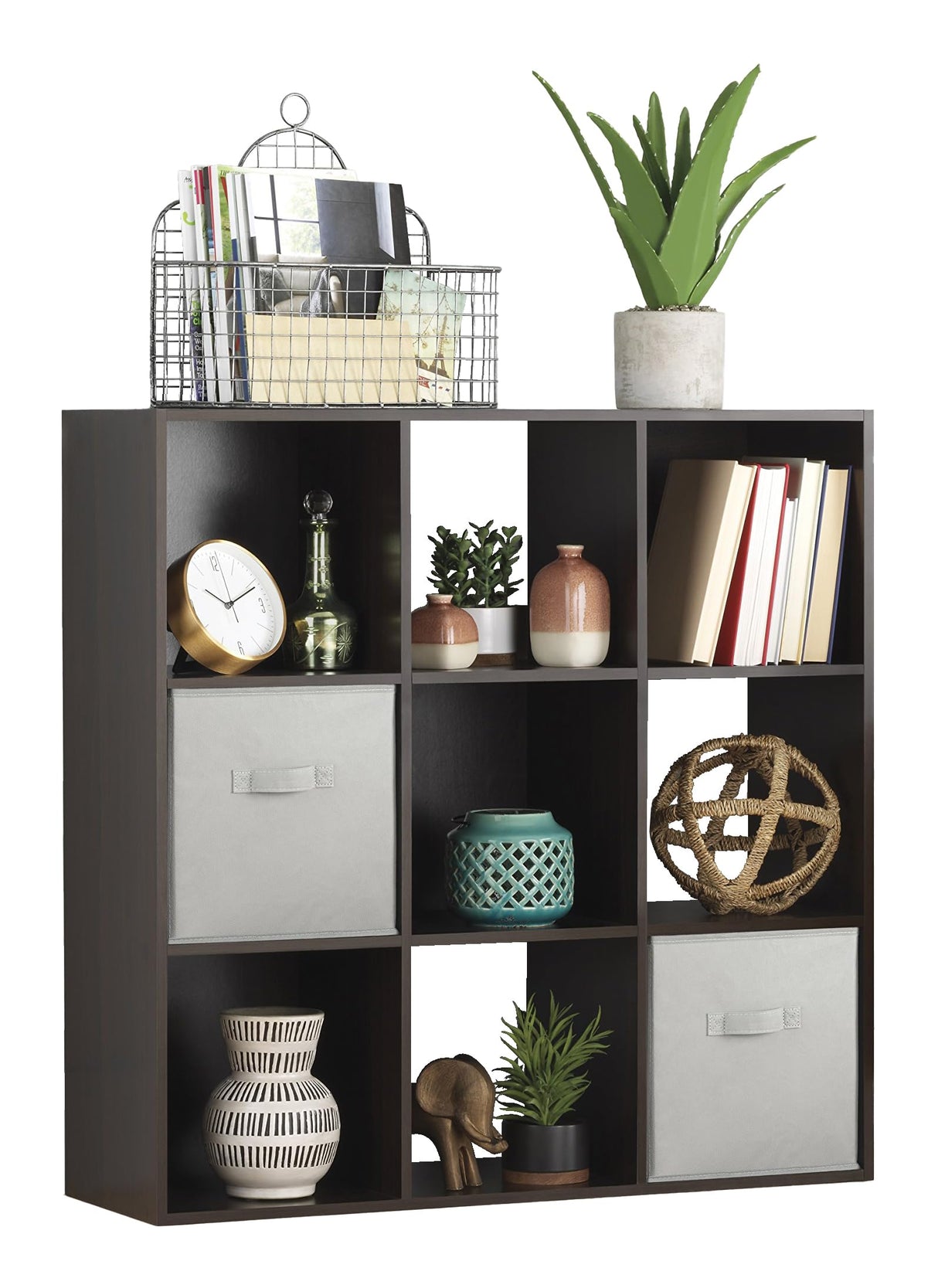 Whitmor 9 Cube Storage Organizer, 3 Tier Stackable Mdf Wood Bookcase, Open Storage Display Bookshelf, Storage Cabinet for Living Room, Bedroom, Home, Office, 35.5"L x 11.7"W x 35.5"H, Espresso Whitmor