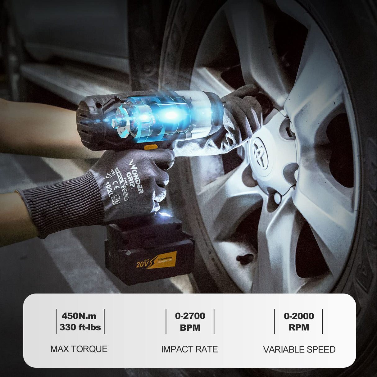 C P CHANTPOWER 20V Cordless Impact Wrench with 1/2” Chuck, Strong Motor Max Torque 450N.m, 4.0Ah Lithium-ion Battery, Variable Speed, 4PCS Sockets, Fast Charger and Tool Bag Included C P CHANTPOWER