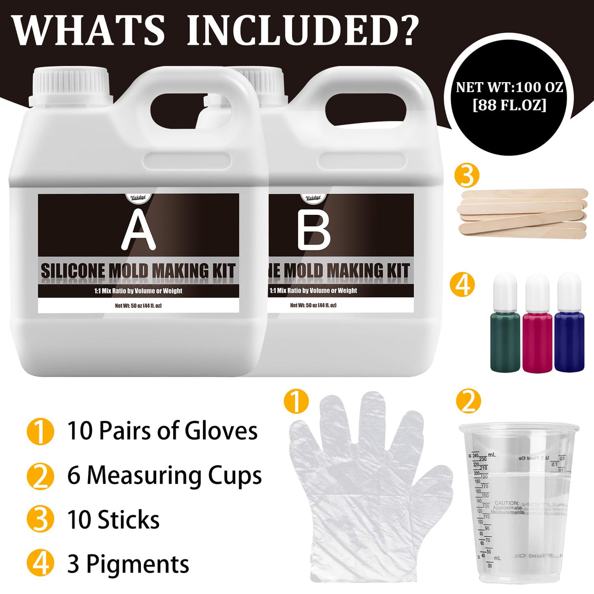 Silicone Mold Making Kit - 100oz Translucent Liquid Silicone Rubber for Mold Making - Elastic 1:1 Mixing Ratio Fast Curing Molding Silicone for Casting, DIY Resin Molds, Candle Molds, Soap Mold, Craft Vividye