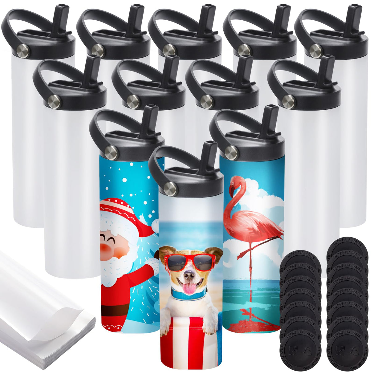 12 Pack Sublimation Tumblers Flat Edge Blanks Skinny Straight 20 oz, Stainless Steel Double Wall Insulated Sublimation Water Bottles with Portable Handle & Straw Lids for Heat Transfer, White YOUKE OLA