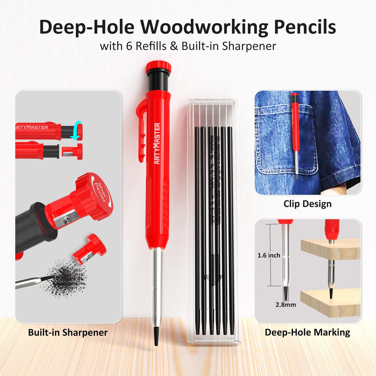 3.8"Mini 3D Multi-Angle Measuring Square Ruler, WT102A High Precision Hole Scribing Woodworking Tools, 0-90° Aluminum Alloy Carpenter Square Wood Working Tools, Carpenter Pencils 6 Refills. ArtyMaster