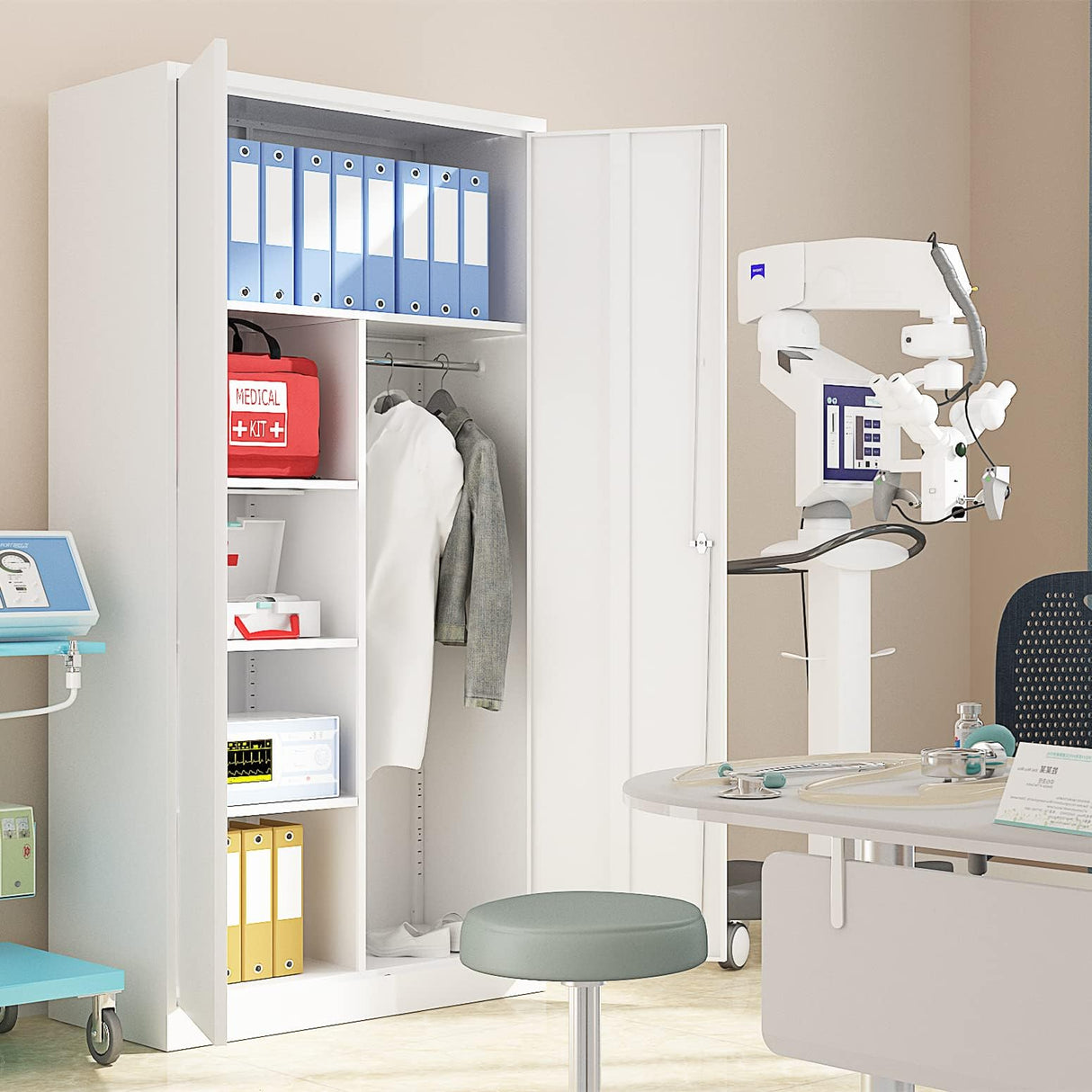 Yizosh Metal Armoire Wardrobe Closet Cabinet for Hanging Clothes with Lock Doors, -72" Steel Lockable Wardrobe Storage Locker Clothes Organizer for Bedroom, Laundry Room (White) Yizosh