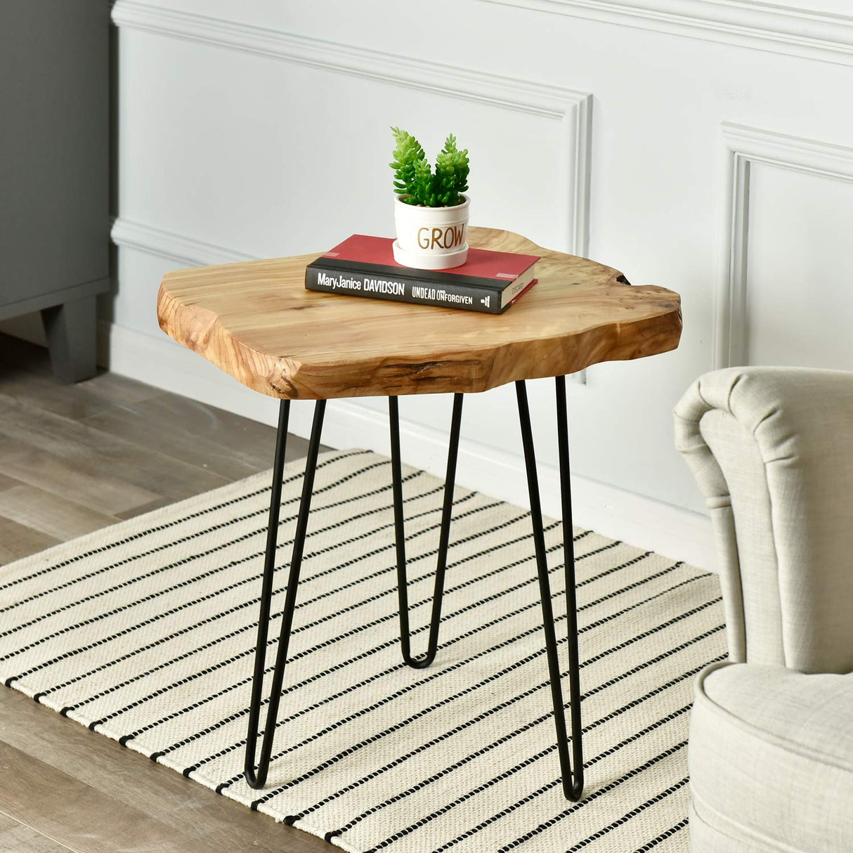WELLAND Live Edge Side Table with Hairpin Legs, Natural Edge Side Table, Small Nightstand Wood, 15.5" Tall WELLAND