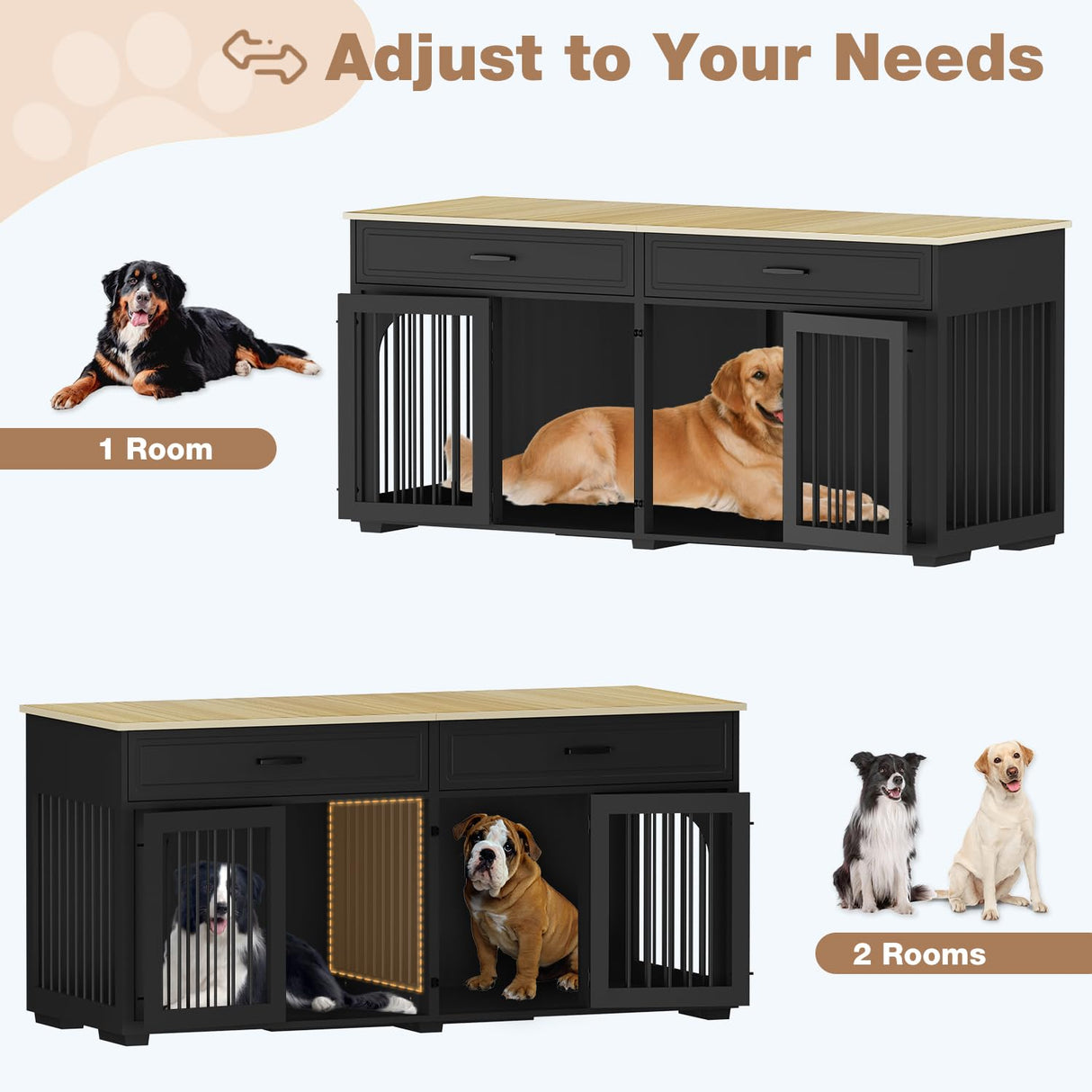 EBE 74.8'' Dog Crate Furniture, Wooden Dog Crate with 2 Drawers and Removable Divider, Heavy Duty Dog Kennel Indoor TV Stand for Small Large Medium Dogs, Black EBE