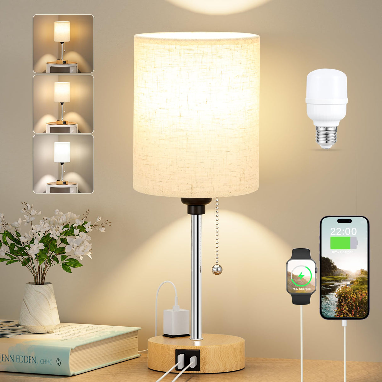 Small Bedside Lamp for Bedroom Nightstand - Table Lamp with USB C and A Port, Pull Chain Bed Lamp with AC Outlet, Nightstand Lamp with Wood Base for Kids Reading, Desk Lamp for Living Room/Dorm Room Dicoool