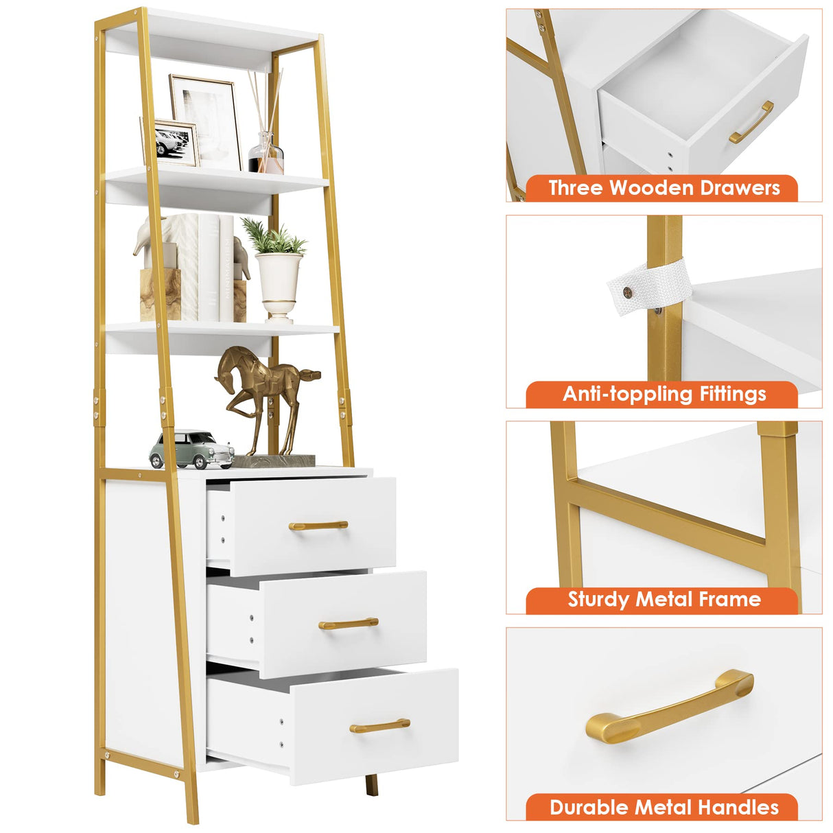 HITHOS 4-Tier Bookshelf, Tall Bookcase with 3 Wooden Drawers, Modern Ladder Book Shlef Storage Organizer for Living Room, Entryway, Office, White Gold HITHOS