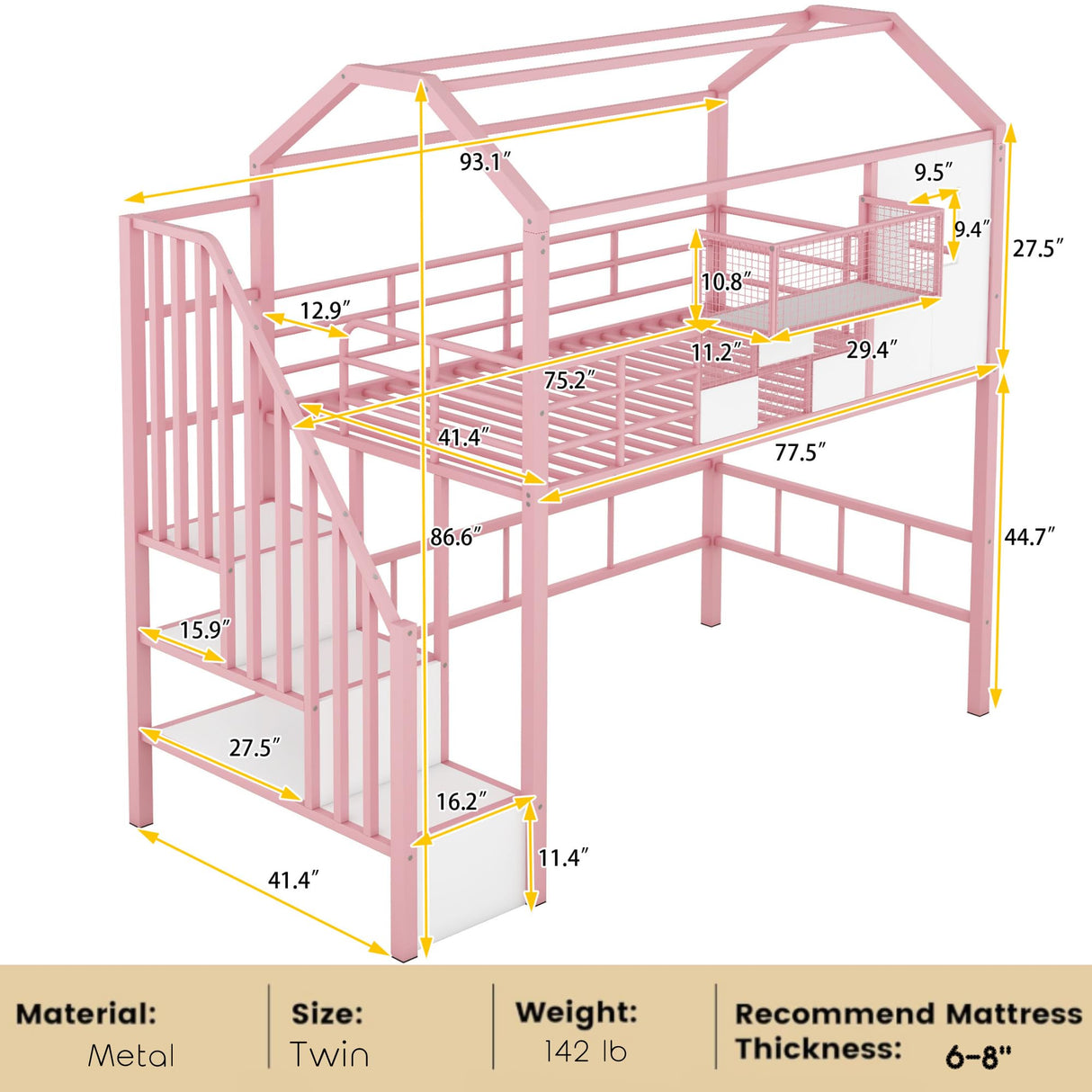 Twin Size House Loft Bed with Stairs and Storage, Heavy-Duty Metal Princess Loft Bed Frame with Storage Box and Safety Rail for Girls Kids Teens, Pink Bellemave