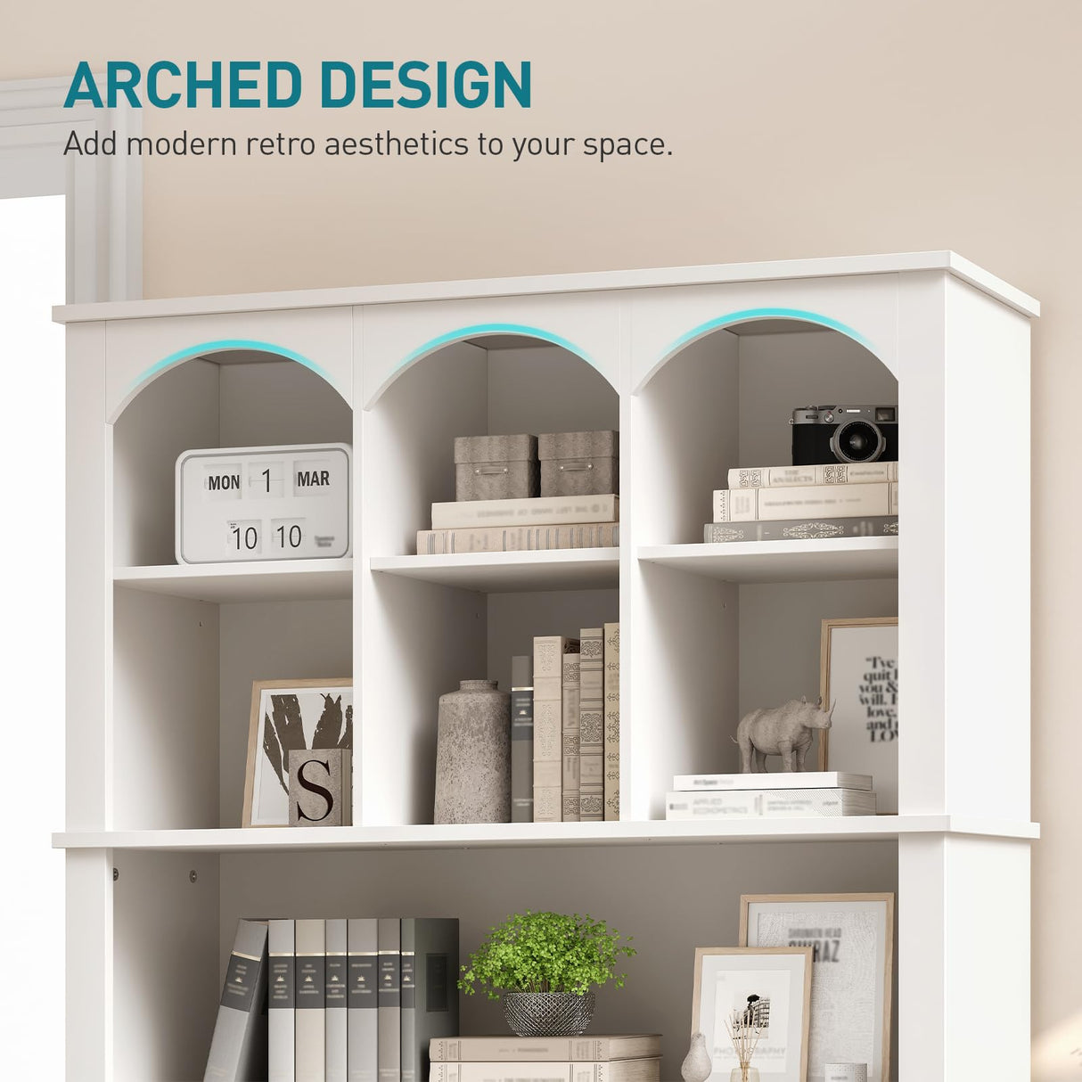 RALGEND 73.2" Tall Farmhouse Arched Bookshelf with Drawer and Door, 6 Tier Mid Century Modern Book Shelf and Bookcase with Storage, Floor Standing Display Cabinet for Living Room, Home Office, White RALGEND