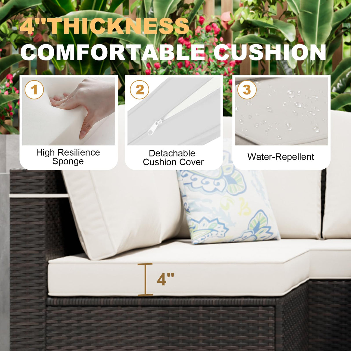 Peacabo Patio Furniture Set with Fire Pit Table, 8-Piece Outdoor Furniture Sofa Set with Thick Cushions, Wicker Sectional Sofa for Porch Garden Backyard, Brown/Beige Peacabo