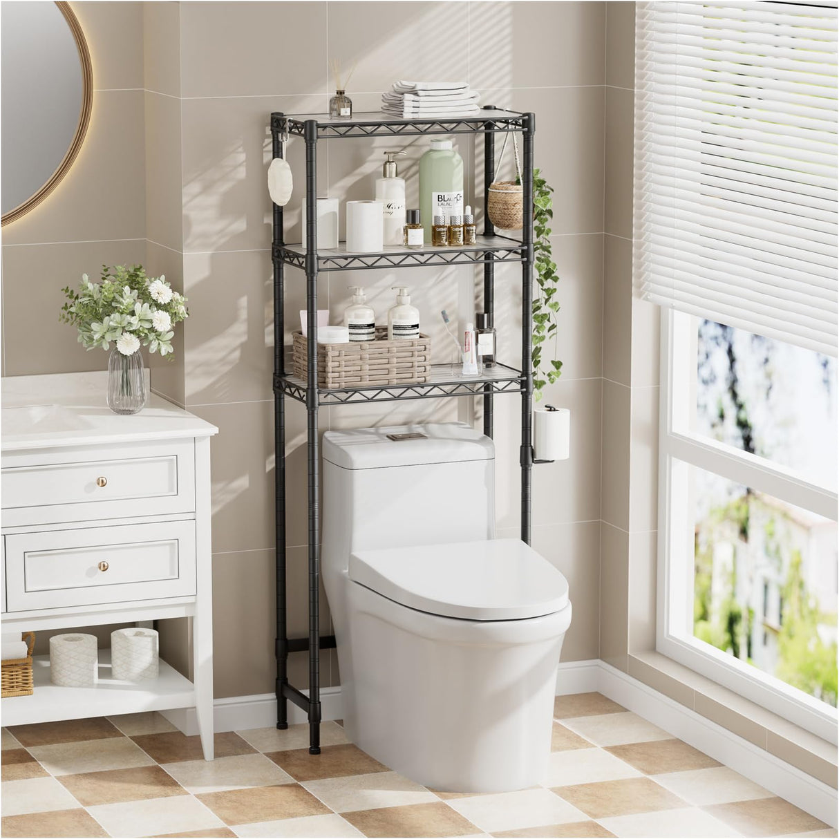 SINGAYE Over-The-Toilet Storage Rack 3-Tier Bathroom Organizer and Storage Shelf Over Toilet with Adjustable Shelf and Basket Freestanding Space Saver Bathroom Shelves Above Toilet for Room Black SINGAYE