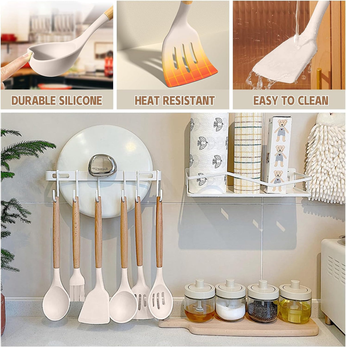 Umite Chef Kitchen Cooking Utensils Set, 33 pcs Non-Stick Silicone Cooking Kitchen Utensils Spatula Set with Holder, Wooden Handle Silicone Kitchen Gadgets Utensil Set (Khaki) Umite Chef