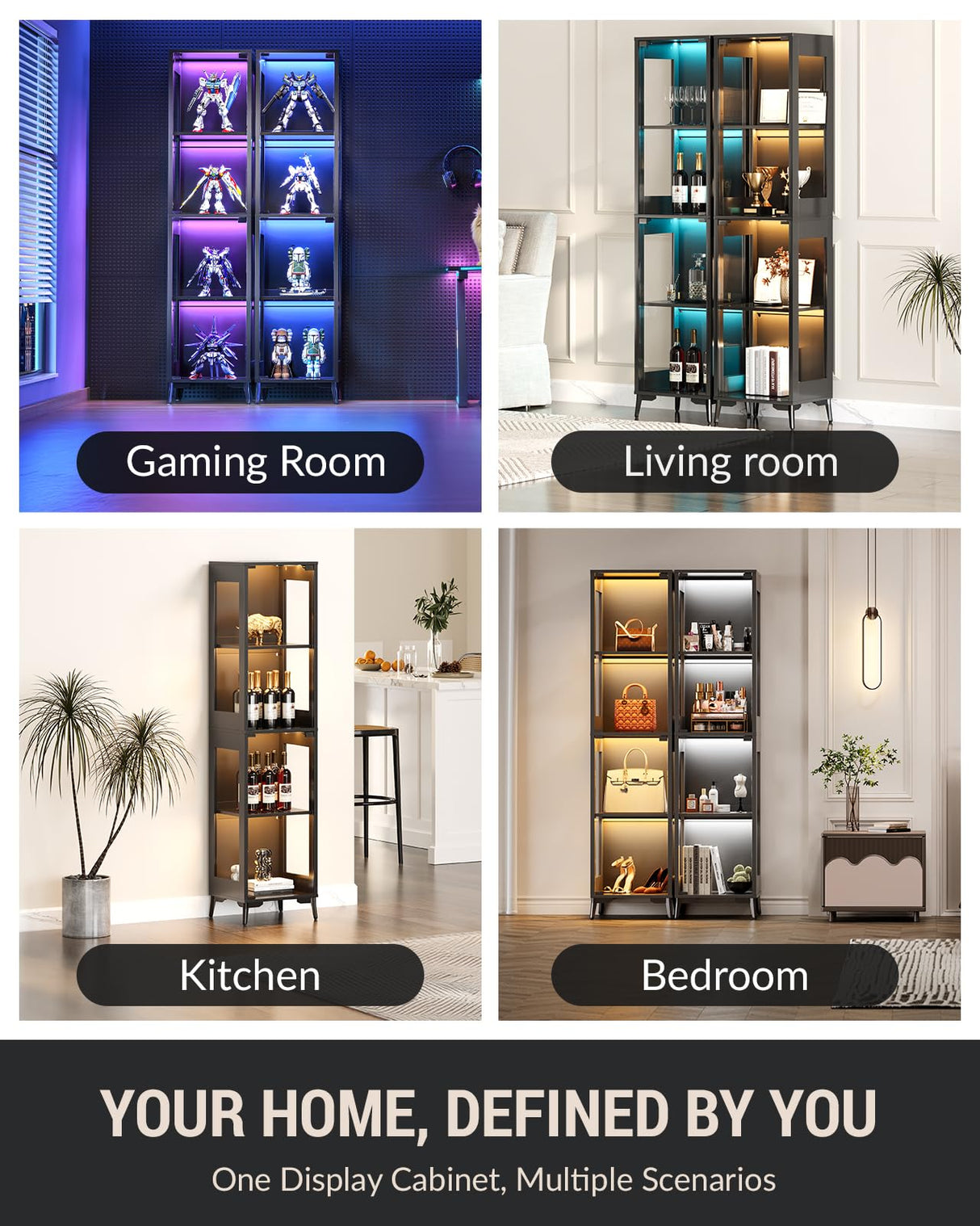 Glass Display Cabinet with Single Door, 4-Tier Display Case with Adjustable Shelves, RGB LED Lights with App & Remote Control, Metal Base Curio Storage Cabinet for Collectibles, Books, Living Room Zephome