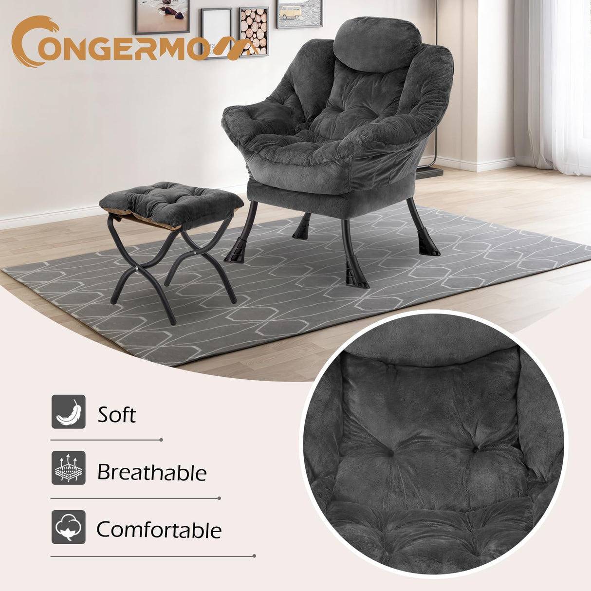 Congermom Lazy Chair with Folding Ottoman,Leisure Sofa Chair,Soft Fabric Armchair with Armrests and Side Pockets, Reading Chair with Footrest for Living Room, Bedroom, Office (Plush Dark Grey) Congermom