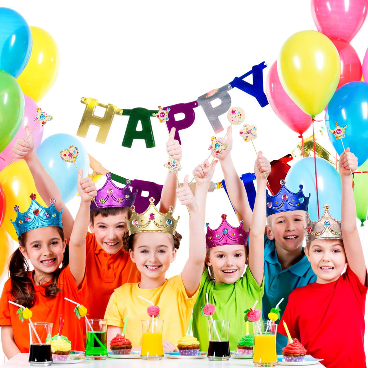 Hoedia 24+37Pcs Foam Crowns Set, Princess Tiaras and Foam DIY Crowns for Kids to Decorate for Birthday Party Crowns Favors with 24 Foam Crowns, 24 Wooden Wands, 12 Rhinestone Stickers,1 Silk Ribbon Hoedia