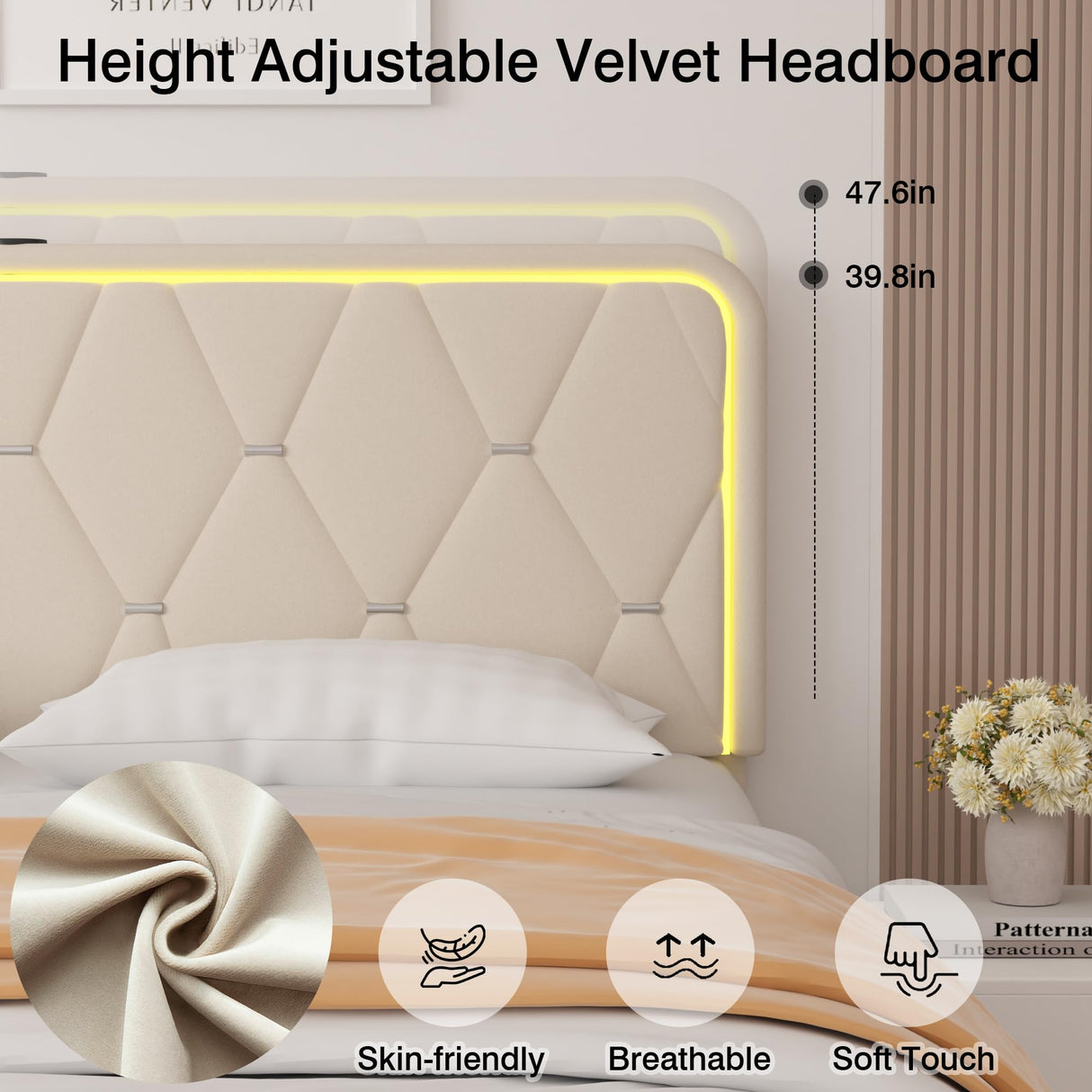 VECELO Upholstered Queen Bed Frame with Headboard Adjustable, Velvet Platform Bed with LED Lights, Charging Station, Mattress Foundation with Wooden Slats, Noise Free, No Box Spring Needed, Beige VECELO