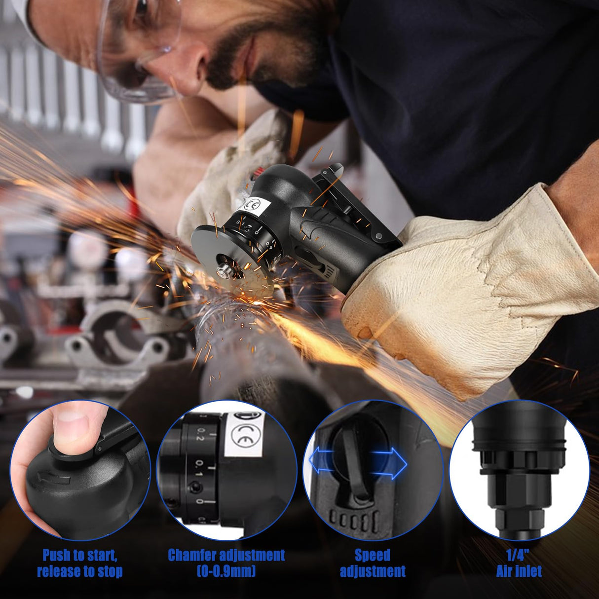 Pneumatic Chamfering Tool Handheld, Mini Air-Powered Chamfering Machine Trimming, 45° Arc Corner with 1/4 Inch Air Inlet for Metal Wood Beveling Deburring (C&R Angle Blades) dcvbny