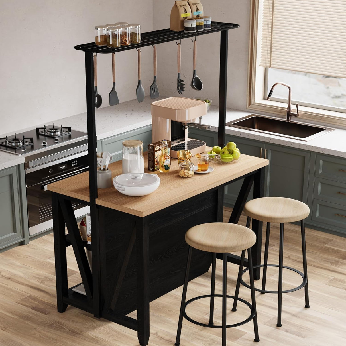 Wooden Kitchen Island with Power Outlet & LED Lights - Bakers Rack with Storage, Large Kitchen Island Table with 3 Tier Microwave Stand Oven Shelf, Coffee Bar Table with 6 Hooks LALFPET