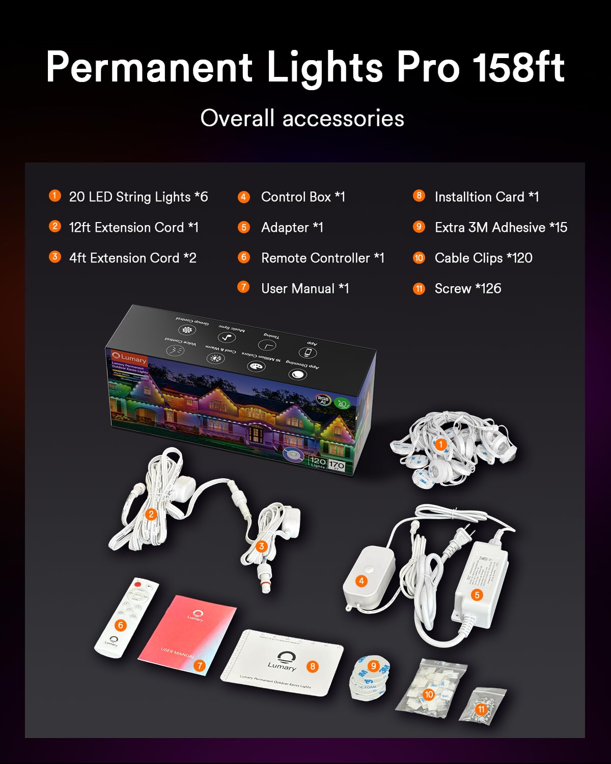 Lumary Permanent Outdoor Lights Pro 158ft for House, 120LED 50lm RGBAICW Smart Eave Lights, IP67 Waterproof, Multi Scenes for Daily and Holiday Accent Lighting Decor, Work with Alexa, Google, Remote Lumary