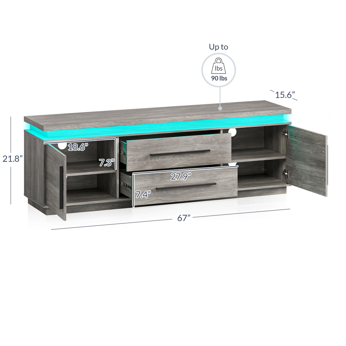 BELLEZE 67" TV Stand for TV up to 75", Modern Entertainment Center with LED Lights Change to Melody of Music, Media Console Table with Cabinets and Drawers for Living Room, Bedroom - Studio (Grey) BELLEZE