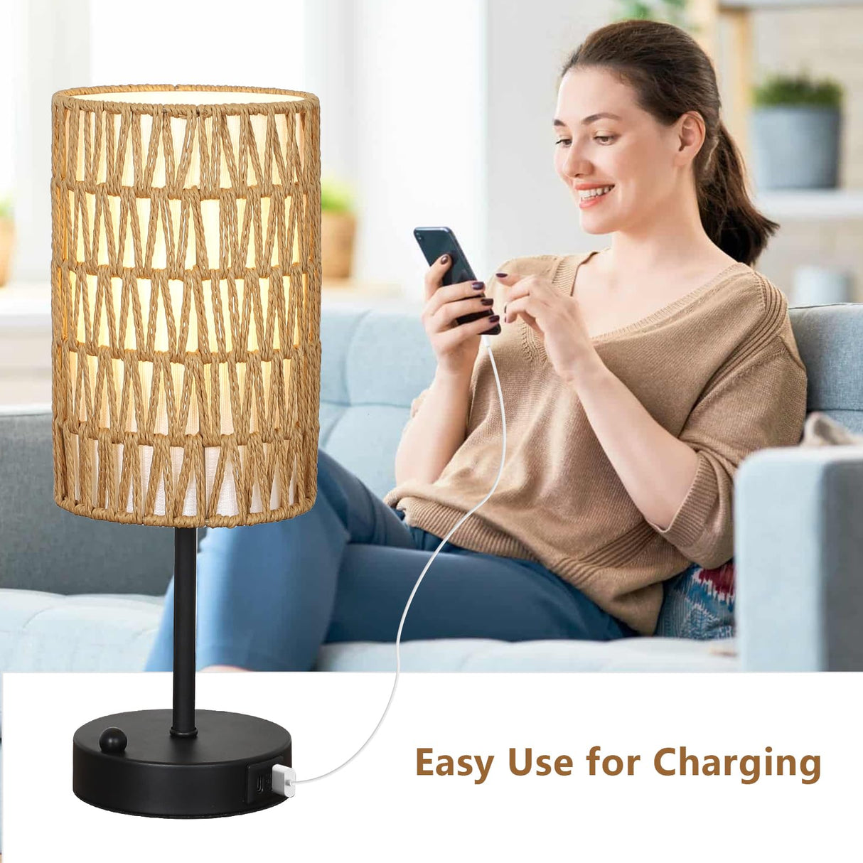 Touch Table Lamp For Bedroom with Bulb, Boho Small Desk Lamp For Living Room With Rattan & Linen Shade, 3 Way Dimmable Bedside Table Lamp For Nightstand With USB Charging Port & Phone Stand For Office Eayaya