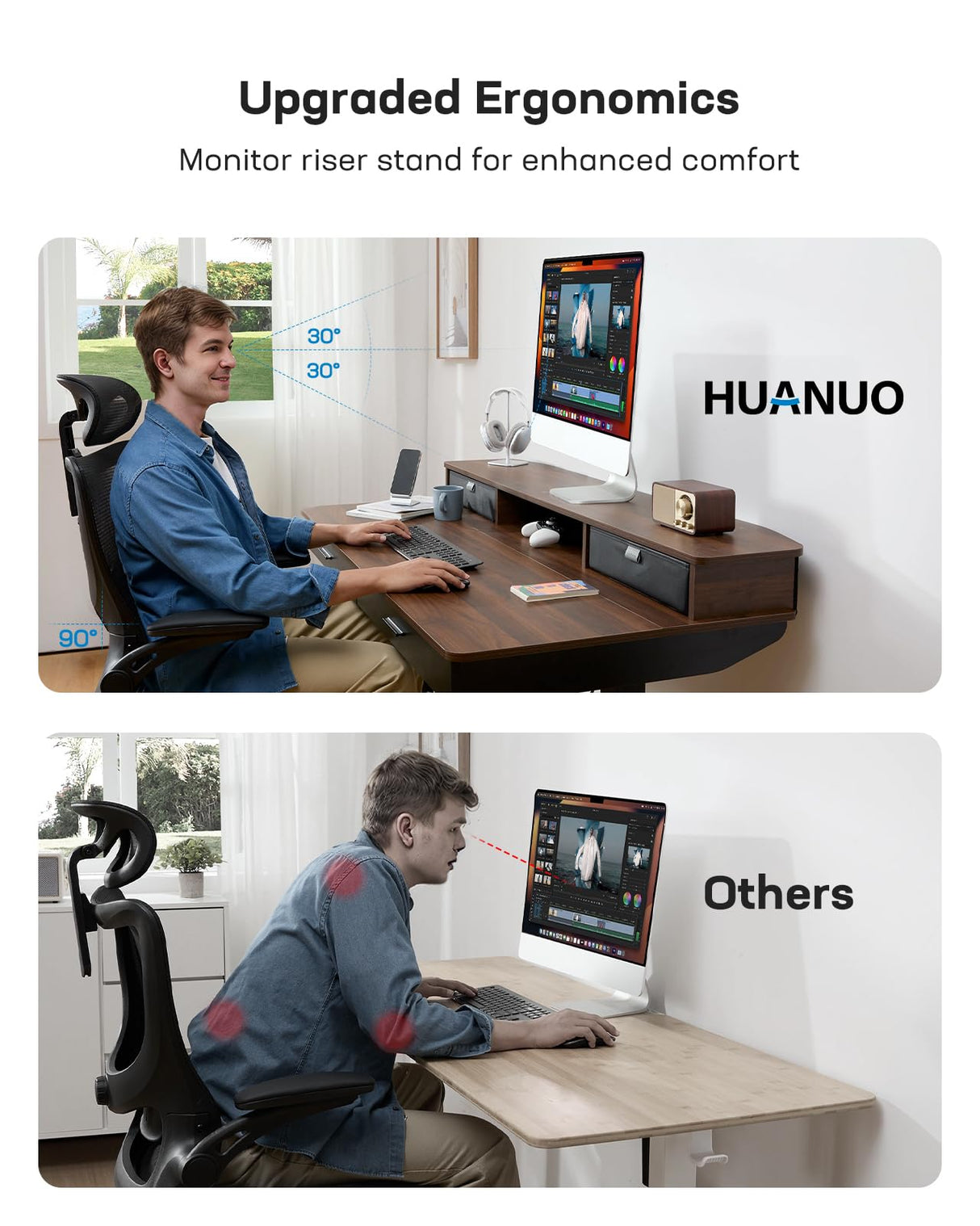 HUANUO 55 x 30 inch Electric Standing Desk with Wood Drawers, Adjustable Height Sit Stand Home Office Desk with Two Tiers, Ergonomic Adjustable Stand up Desk C-Clamp Monitor Mount Compatible, Walnut HUANUO