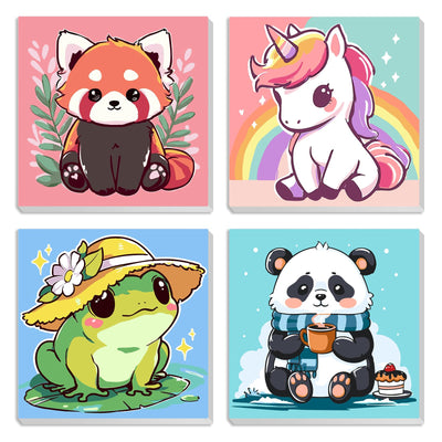 MXJSUA 4 Pack Cute Panda Bear Animal Paint by Numbers Kit with Framed Canvas for Ages 6-12 Kids, Paint by Numbers Kits for Children Beginners, Acrylic Oil Painting for Home Wall Decor Gift (8x8 inch)