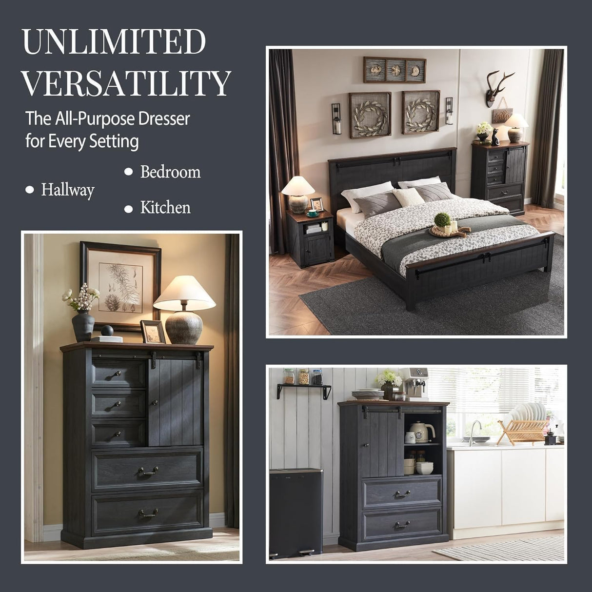 IFGET Farmhouse 5 Drawers Dresser for Bedroom, 47" Tall Chest of Drawers w/Sliding Barn Door, Rustic Wood Dressers Organizer w/Adjustable Shelves for Bedroom, Hallway, Living Room, Kitchen, Dark Grey IFGET