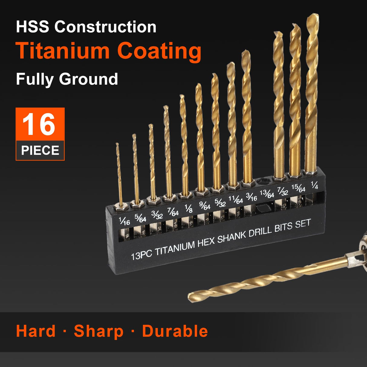 COMOWARE Titanium Twist Drill Bit Set - 16 Pcs Hex Shank High Speed Steel for Wood Plastic Aluminum Alloy, Quick Change, 1/16"-1/4" COMOWARE