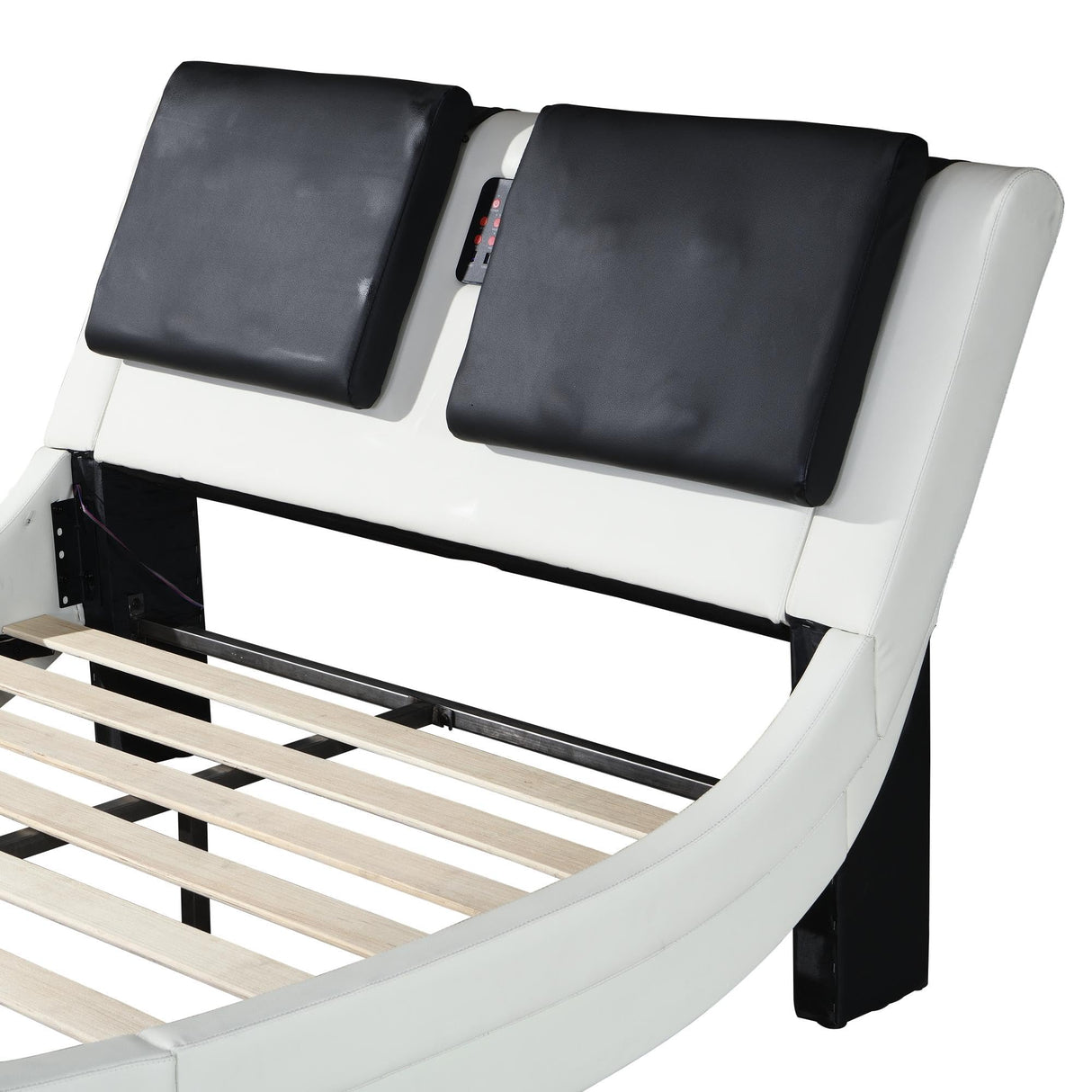 SOFTSEA King Size Upholstered Bed with LED Light and USB Charging Port, Bluetooth Connection, Backrest Vibration Massage, Curve Design, Wood Slat Support, No Box Spring Needed, White SOFTSEA